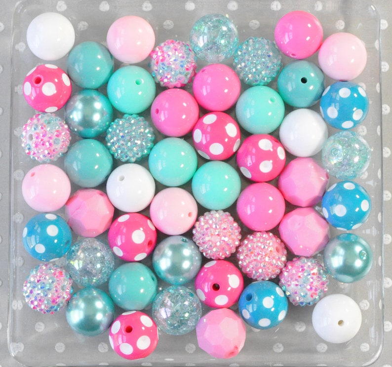 Pink and turquoise confetti bubblegum bead mix, Chunky beads wholesale, 20mm Gumball beads, Bubble gum chunky necklace kit for kids 