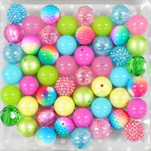 Ombre Rainbow bubblegum bead mix, Pink turquoise lime Bubble gum beads, 20mm bead, Chunky beads for Mardi Gras necklaces and crafts