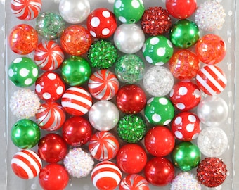 Christmas Peppermint Bubblegum Bead Mix, Red Emerald White 20mm Beads