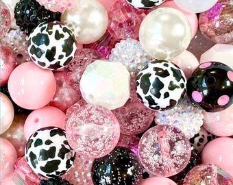 20mm Strawberry Milk bubblegum beads mix, Cow print pink plastic chunky beads