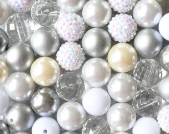 White and silver 20mm bubblegum beads in bulk wholesale mix, Wedding beads for girls chunky necklaces jewelry kit, Pearl rhinestone faceted