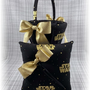 Almohada y cesta para anillos de boda de Star Wars, boda de fantasía, almohada y cesta para bodas geek, boda de Star Wars, almohada para anillos de boda en oro negro