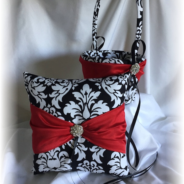 Black and White Damask with Red Wedding Ring Bearer Pillow and Flower Girl Basket