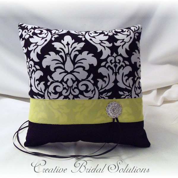 Black and White Damask with Yellow Wedding Ring Bearer Pillow