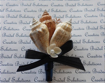 Boutonniere de casamento para padrinhos de casamento em forma de concha, buraco de botão - preto