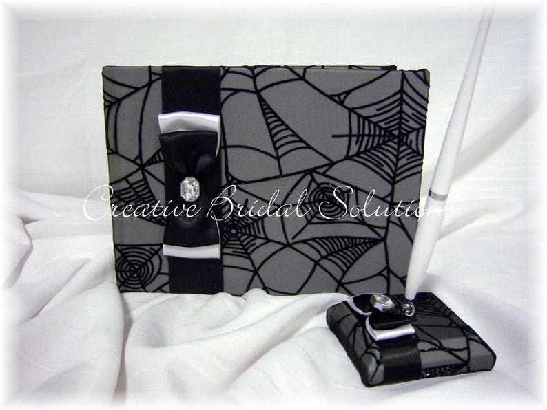 Goth Wedding Alternative Wedding Gothic Black and White Halloween Spiderweb Wedding Guest Book and Pen Set