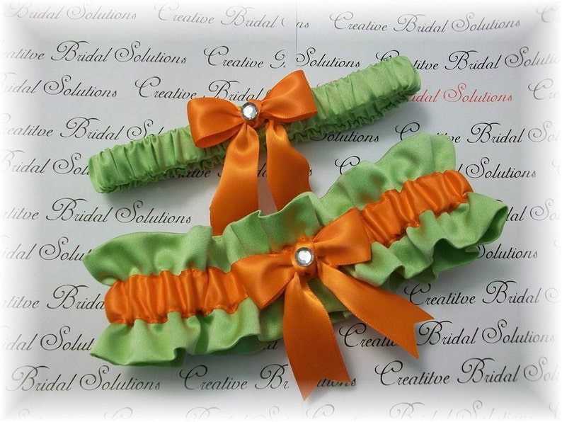 Orange Bridal Garter Apple Green Bridal Garter Lime Wedding Garter Set Bamboo Orange Satin Bridal Garter Set Green Bridal Garter
