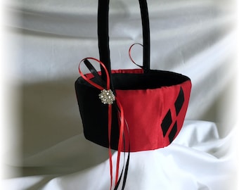 Cesta de flores para casamento de super-heróis e vilões em diamante preto e vermelho, cesta de flores para supervilões