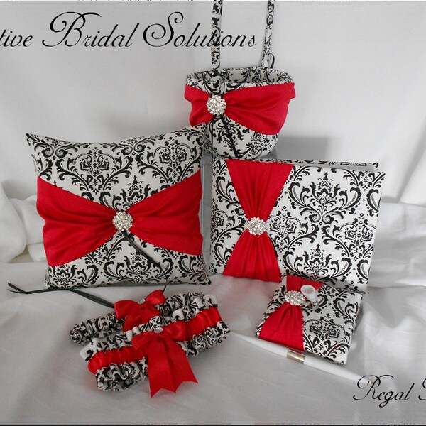 Black and White Madison Damask with Regal Red Wedding Ring Pillow, Flower Girl Basket, Guest Book, Guest Pen and Garter Set, Damask Wedding