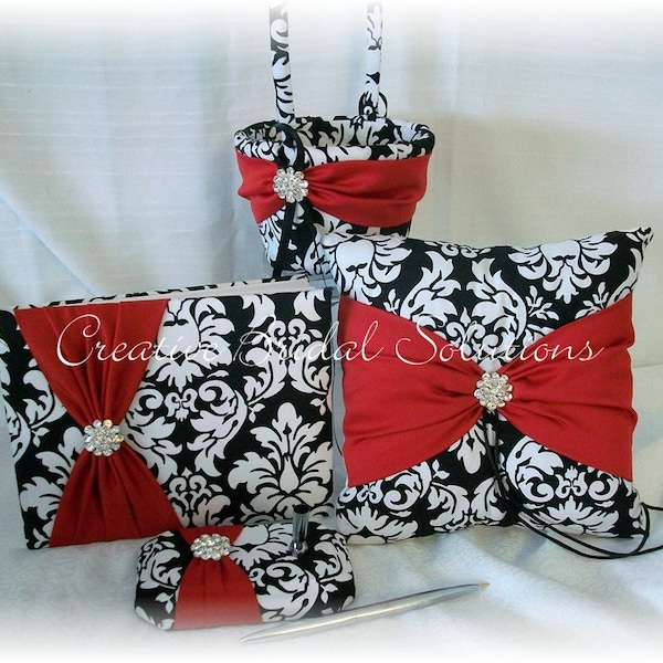 Black and White Damask with Red Wedding Ring Pillow, Flower Girl Basket, Guest Book and Guest Pen