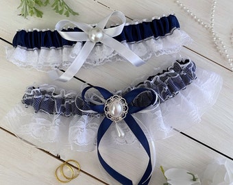 Navy Wedding Bridal Garter, Navy Bridal Garter, Garter for Bride, Navy and White Wedding Garter, Navy Wedding Garter Set