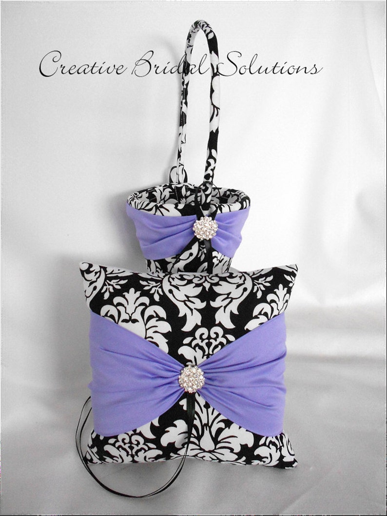 Black and White Damask with Violet Wedding Ring Bearer Pillow and Flower Girl Basket
