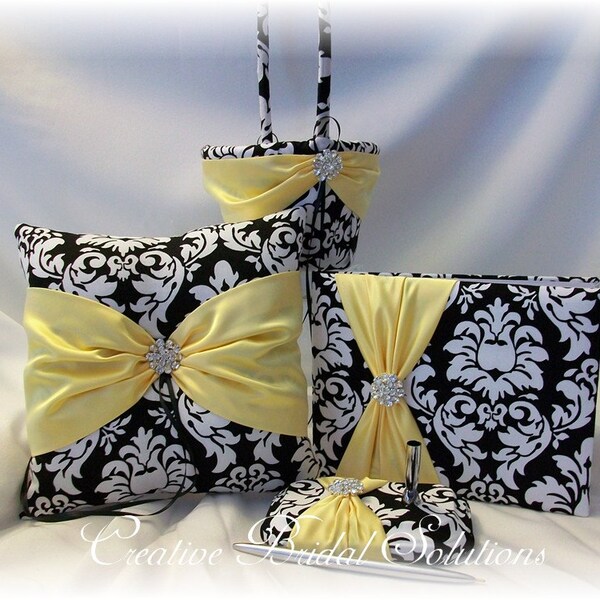 Black and White Damask with Yellow Wedding Ring Pillow, Flower Girl Basket, Guest Book and Guest Pen, Damask Wedding, Yellow Wedding