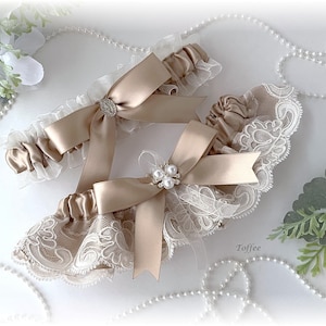 Toffee Bridal Garter, Toffee and Ivory Bridal Garter, Toffee Garter for Bride, Wedding Garter, LIMITED EDITION