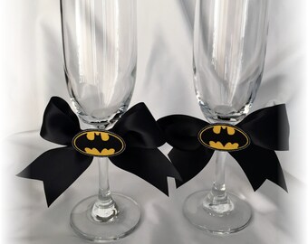 Black and Yellow Wedding Toasting Wine Flutes Glasses, Wedding Glasses, Superhero Wedding Flutes