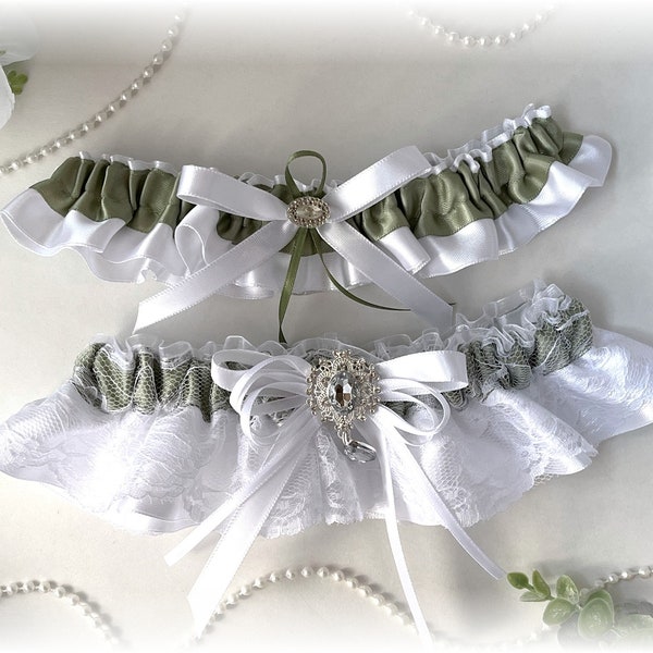 Sage Wedding Garter, White Lace Garter Set, Sage and White Garter, Wedding Bridal Garter, Garter for Bride, White Sage Garter