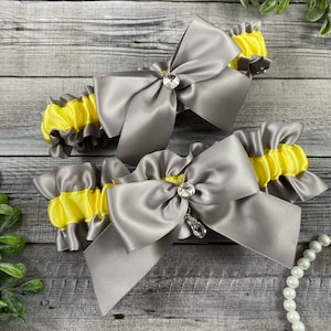 Gray and Yellow Satin Wedding Bridal Garter Set, Gray Bridal Garter, Yellow Bridal Garter, Silver Bridal Garter, Color of the Year
