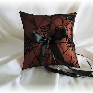 Gothic Wedding Black and Orange Spiderweb Halloween Ring Pillow, Gothic Ring Pillow, Orange Ring Pillow, Halloween Ring Pillow, Alternative