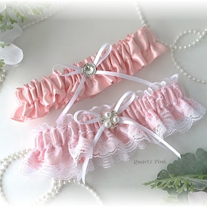 Quartz Pink Wedding Garter, Wedding Garter Set, Wedding Bridal Garter, Garter for Bride, White Garter, Pink Bridal Garter, Pink and White
