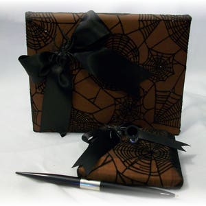 Black and Orange Gothic Spiderweb Halloween Wedding Guest Book and Pen Set, Goth Wedding, Alternative Wedding