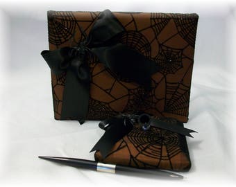 Conjunto de livro de visitas e caneta para casamento, teia de aranha gótica preta e laranja, casamento gótico, casamento alternativo