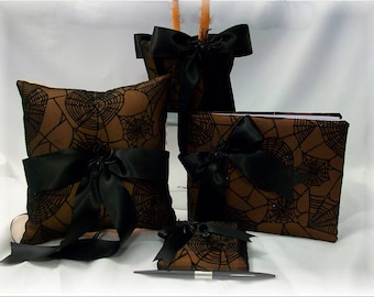 Black and Orange Gothic Spiderweb Wedding Ring Pillow, Flower Girl Basket, Guest Book and Guest Pen, Goth Wedding, Alternative Wedding