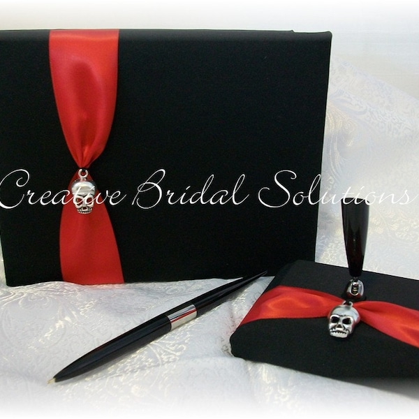 Gothic Skull Wedding Black with Red Guest Book and Guest Pen- The Romona, Goth Wedding, Alternative Wedding