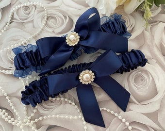 Navy Blue Wedding Garter, Blue Garter Set, Blue Organza Garter, Wedding Bridal Garter, Blue Garter for Bride, Navy Garter