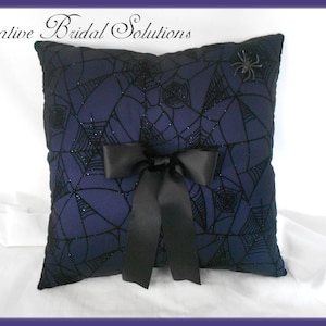 Gothic Wedding Black and Blue Spiderweb Halloween Wedding Ring Pillow, Alternative Wedding