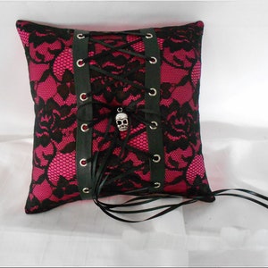 Gothic Wedding Black Lace-Up Skull Ring Bearer Pillow, Goth Wedding, Halloween Wedding Ring Pillow, Alternative Wedding
