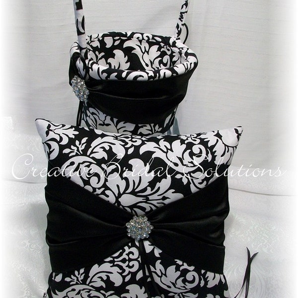 Black and White Damask Wedding Ring Bearer Pillow and Flower Girl Basket