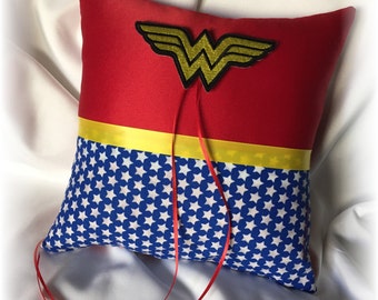 Wonder Woman Wedding Ring Bearer Pillow, Red and Blue Ring Pillow, Sci fi Wedding Ring Pillow, Red Ring Pillow, Superhero Wedding