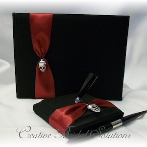 Gothic Skull Wedding Black with Dark Red Guest Book and Guest Pen- The Romona, Goth Wedding, Alternative Wedding