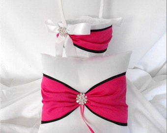 Black White Fuchsia Wedding Ring Bearer Pillow and Flower Girl Basket