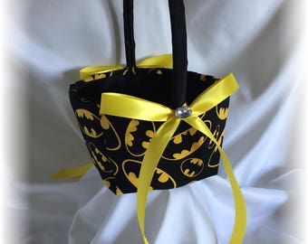 Batman Wedding Flower Girl Basket, Black and Yellow Wedding Flower Basket, Superhero Wedding Basket