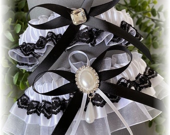 Liga de casamento, conjunto de ligas pretas e brancas, liga de noiva preta e branca, liga para casamento, liga preta