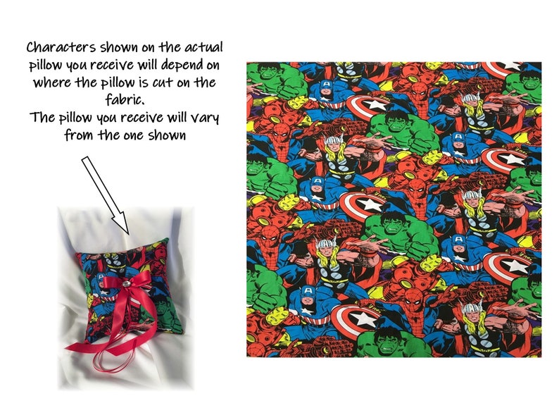 May include: A red and white ring pillow with a superhero fabric design. The fabric features a repeating pattern of various superheroes, including Spider-Man, Hulk, Captain America, and Thor. The pillow is decorated with a red satin ribbon and a single rhinestone.