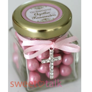 Christening Favour, Baptism Favour, Confirmation Favour - Personalised Chocolates Candy Jar INCLUDES Jewel Cross Charm