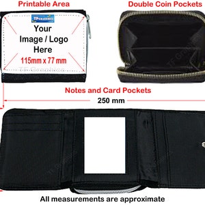 May include: Black wallet with a zippered coin pocket and a trifold design. The wallet has a printable area for a custom image or logo, measuring approximately 4.5 inches by 3 inches. It also features card and note pockets. The overall length is about 9.8 inches.