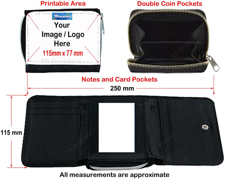 May include: Black wallet with a zippered coin pocket and a trifold design. The wallet has a printable area for a custom image or logo, measuring approximately 4.5 inches by 3 inches. It also features card and note pockets. The overall length is about 9.8 inches.