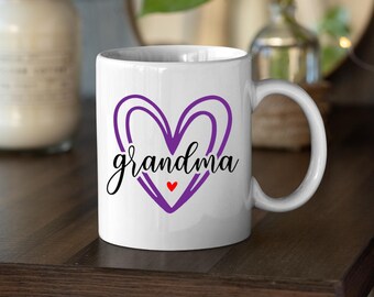 Grandma Heart Mug, Custom Coffee Tea Gift, 11oz
