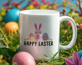 Happy Easter Bunny Mug, Festive Egg Coffee Cup, Spring