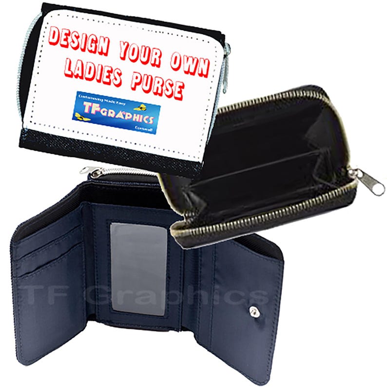 May include: A white and black wallet with the text "DESIGN YOUR OWN LADIES PURSE" in red. The wallet is open, revealing a black interior and a blue interior with a clear window. A zipper closure is visible.