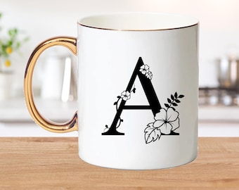 Floral Initial Gold Rim and Handle Bone China Mug - Personalized Letter Mug