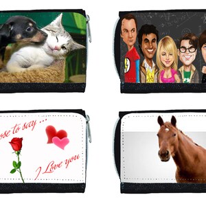 May include: Four black zippered wallets with different designs. One wallet features a puppy kissing a cat. Another displays characters from a TV show. A third wallet has a rose and hearts with the text "I Love You". The last wallet shows a brown horse.