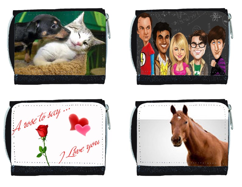 May include: Four black zippered wallets with different designs. One wallet features a puppy kissing a cat. Another displays characters from a TV show. A third wallet has a rose and hearts with the text "I Love You". The last wallet shows a brown horse.