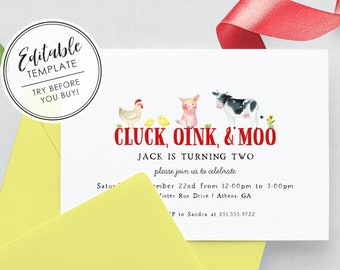 Watercolor Farm Animals Birthday Invitation, Printable - EDITABLE TEMPLATE