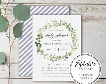 Boho Greenery Baby Shower Invitation - EDITABLE TEMPLATE - Instant Download