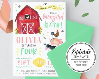 Watercolor Farm Birthday Invitation, Printable - EDITABLE TEMPLATE