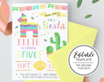 Fiesta Watercolor Birthday Invitation, Printable - EDITABLE TEMPLATE